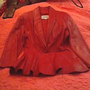 Vintage 1980s CHIA Red Leather Jacket with Peplum